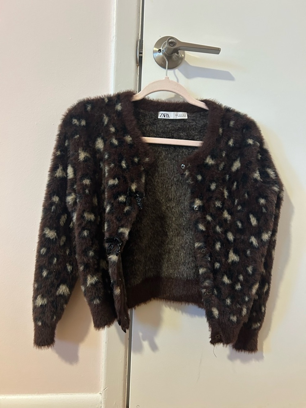 Zara Brown Fuzzy Leopard-Print Cardigan with Cream Spots